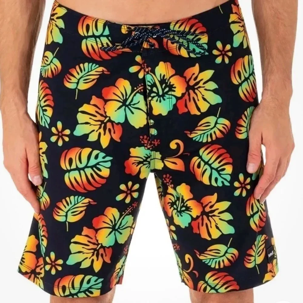 NWT Hurley Board Shorts Swim Phantom Quick Dry 4 Way Stretch Tropical Black 32